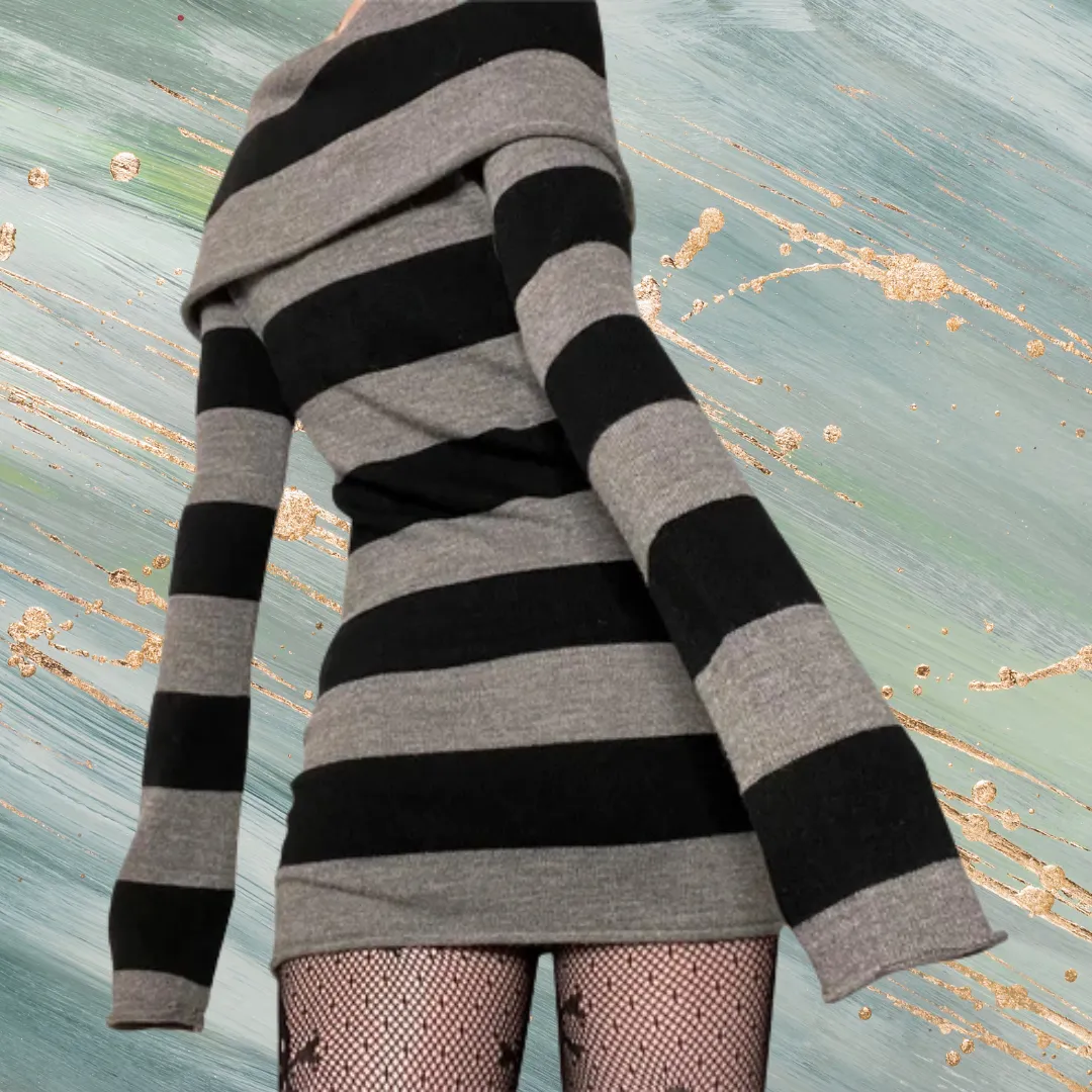 Off Shoulder Long Sleeve Striped Knit Mini Dress