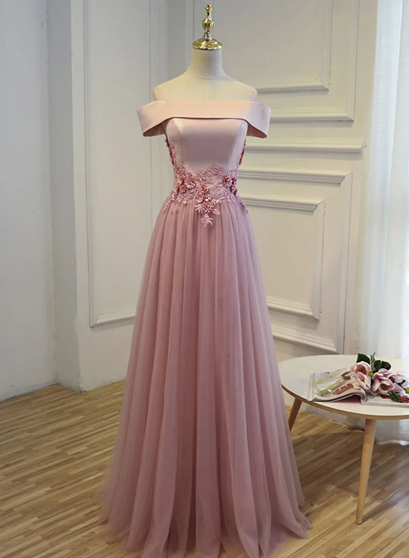 Pink Floor Length Tulle Lace Long Prom Dress, A-Line Off the Shoulder Evening Dress