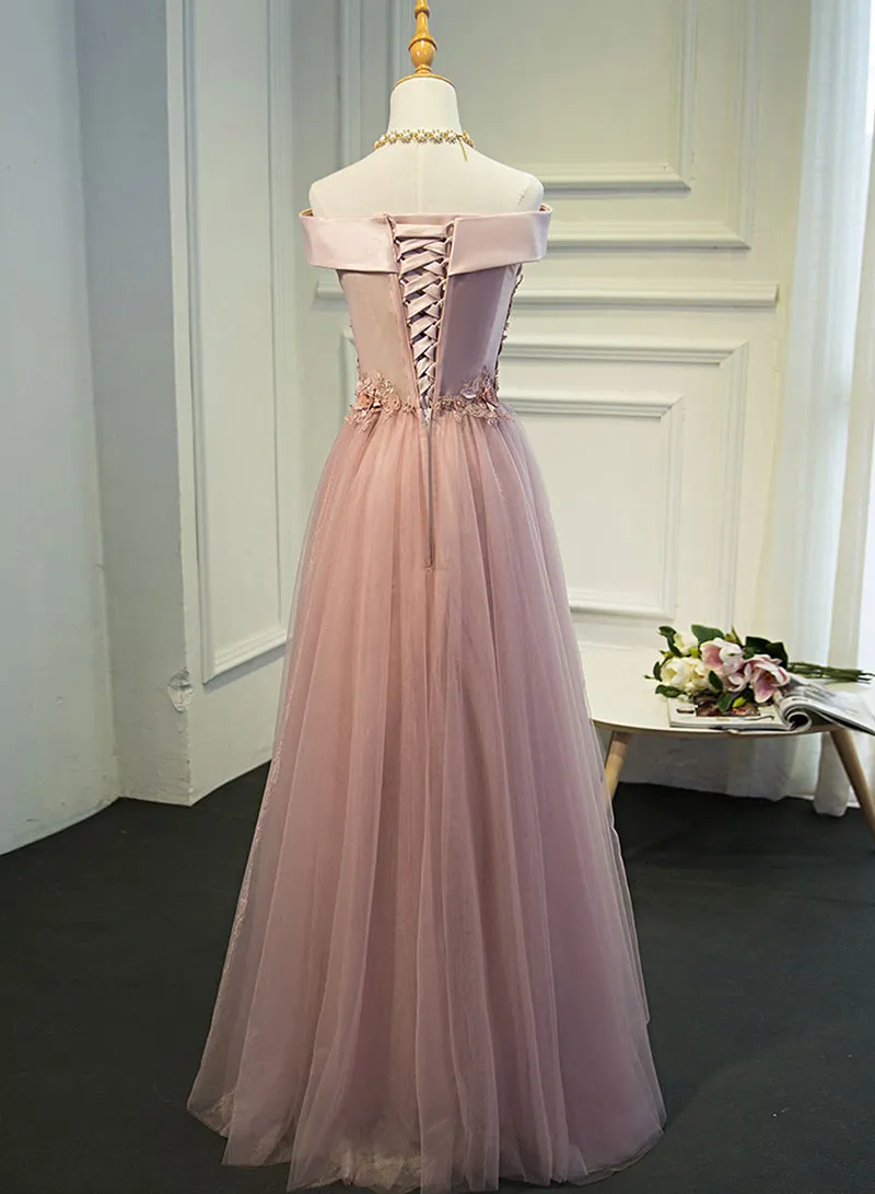 Pink Floor Length Tulle Lace Long Prom Dress, A-Line Off the Shoulder Evening Dress
