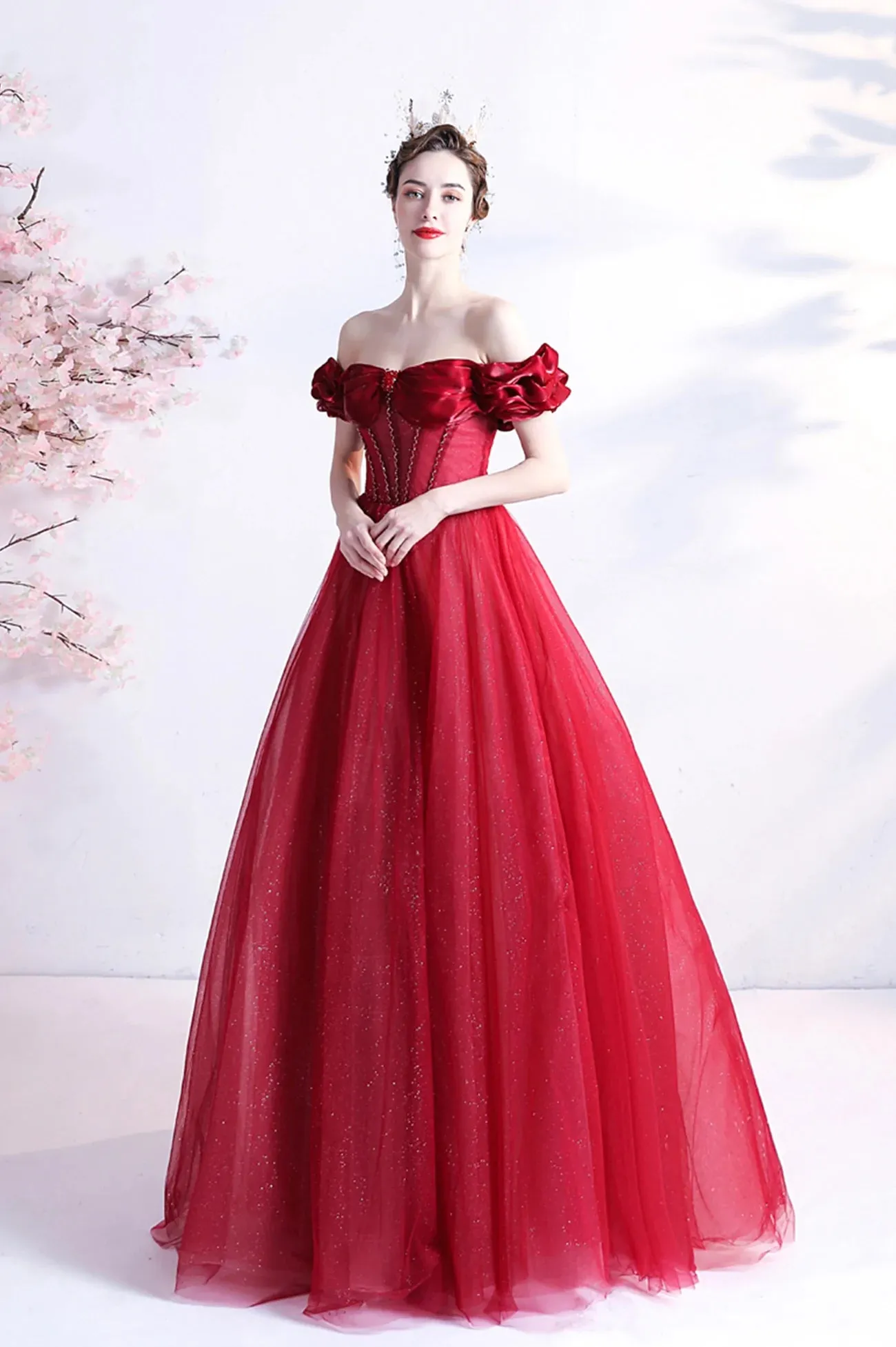 Pink Sweetheart with Beaded Tulle Prom Dresses, Pink Long Formal Dresses