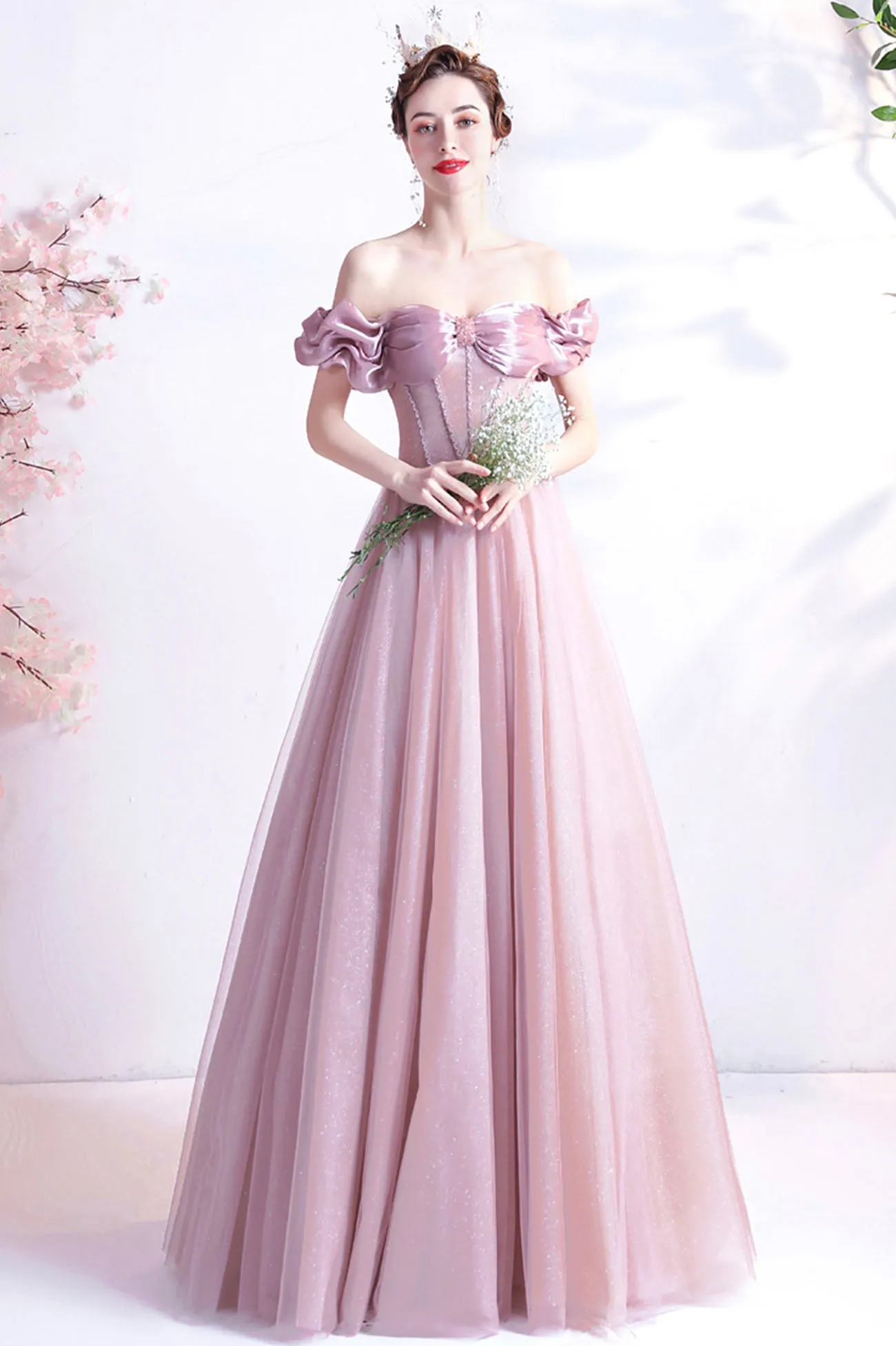 Pink Sweetheart with Beaded Tulle Prom Dresses, Pink Long Formal Dresses