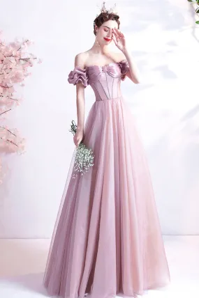 Pink Sweetheart with Beaded Tulle Prom Dresses, Pink Long Formal Dresses