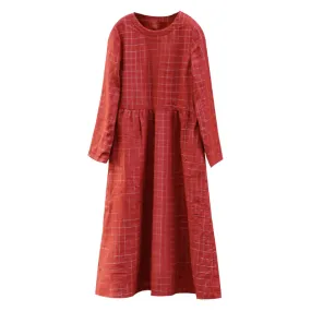 Plaid Women Linen Dresses Long Sleeves Autumn Winter Women DressesWC961845