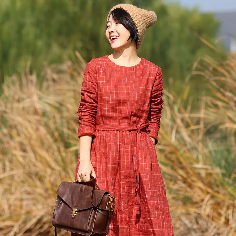 Plaid Women Linen Dresses Long Sleeves Autumn Winter Women DressesWC961845