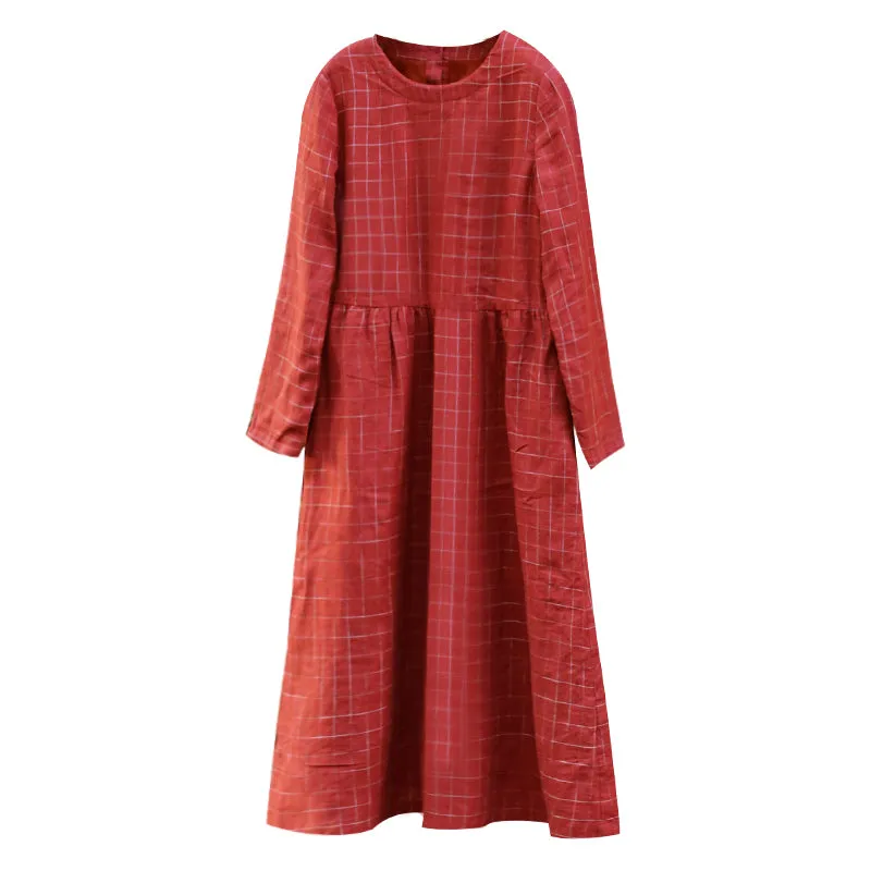 Plaid Women Linen Dresses Long Sleeves Autumn Winter Women DressesWC961845