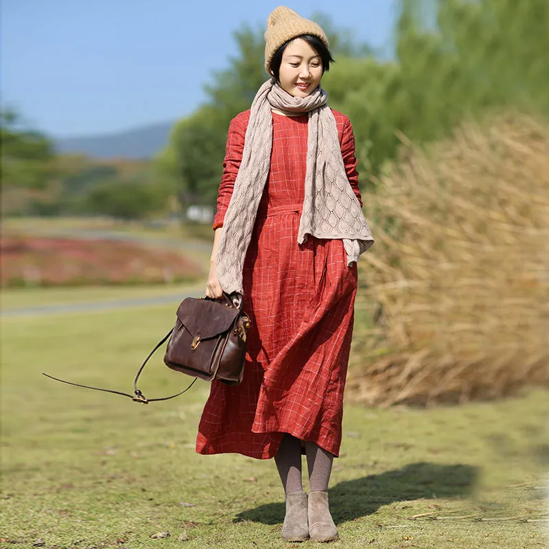 Plaid Women Linen Dresses Long Sleeves Autumn Winter Women DressesWC961845