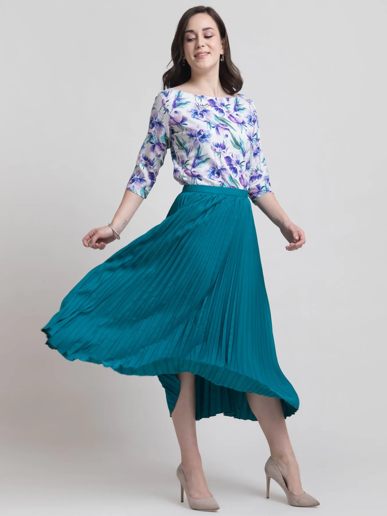 Pleated Flared Skirt - Peacock Blue