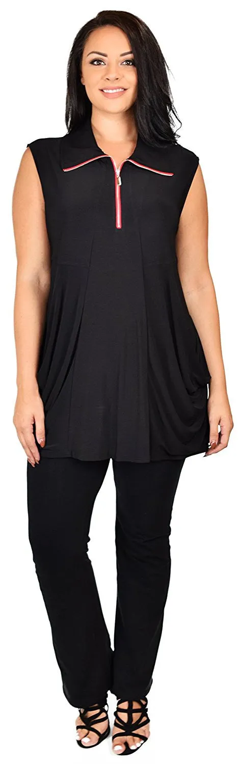 Plus Size Summer Sleeveless Tunic Shirt Top w/ Zipped Collar