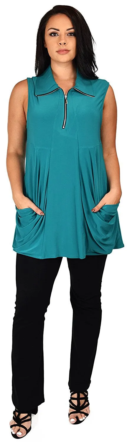 Plus Size Summer Sleeveless Tunic Shirt Top w/ Zipped Collar