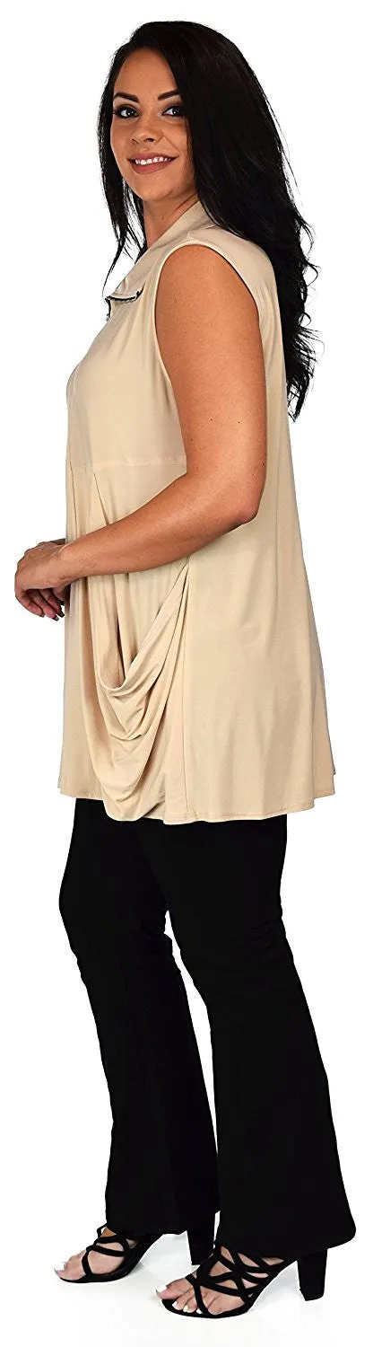 Plus Size Summer Sleeveless Tunic Shirt Top w/ Zipped Collar