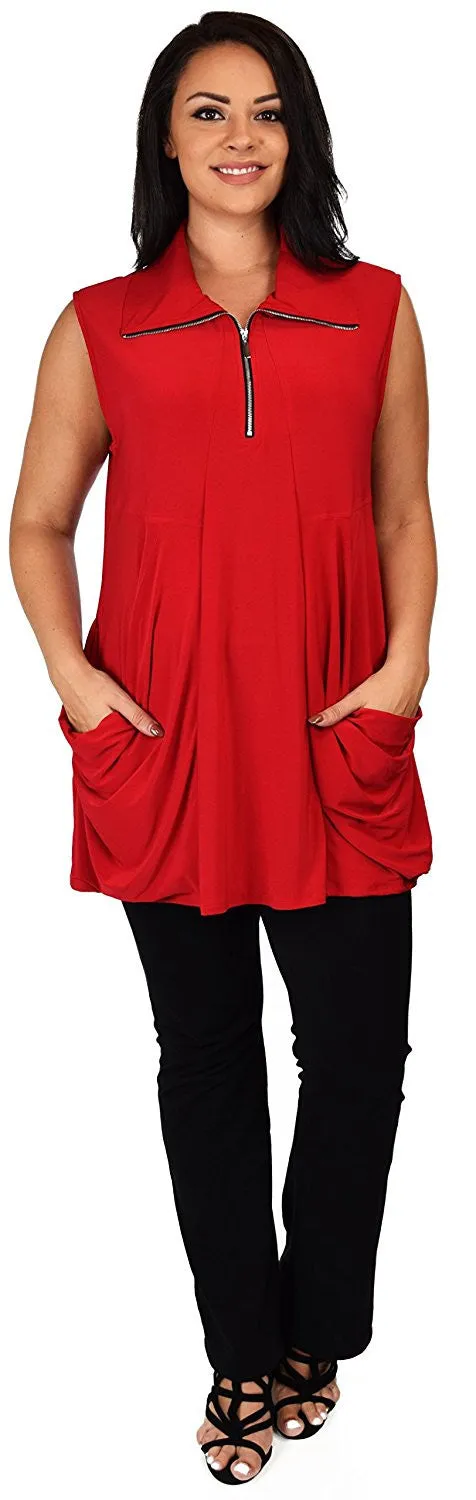 Plus Size Summer Sleeveless Tunic Shirt Top w/ Zipped Collar