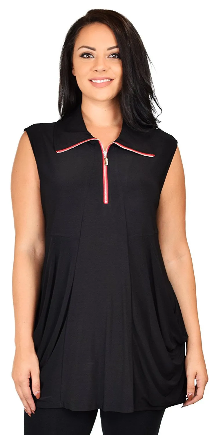 Plus Size Summer Sleeveless Tunic Shirt Top w/ Zipped Collar