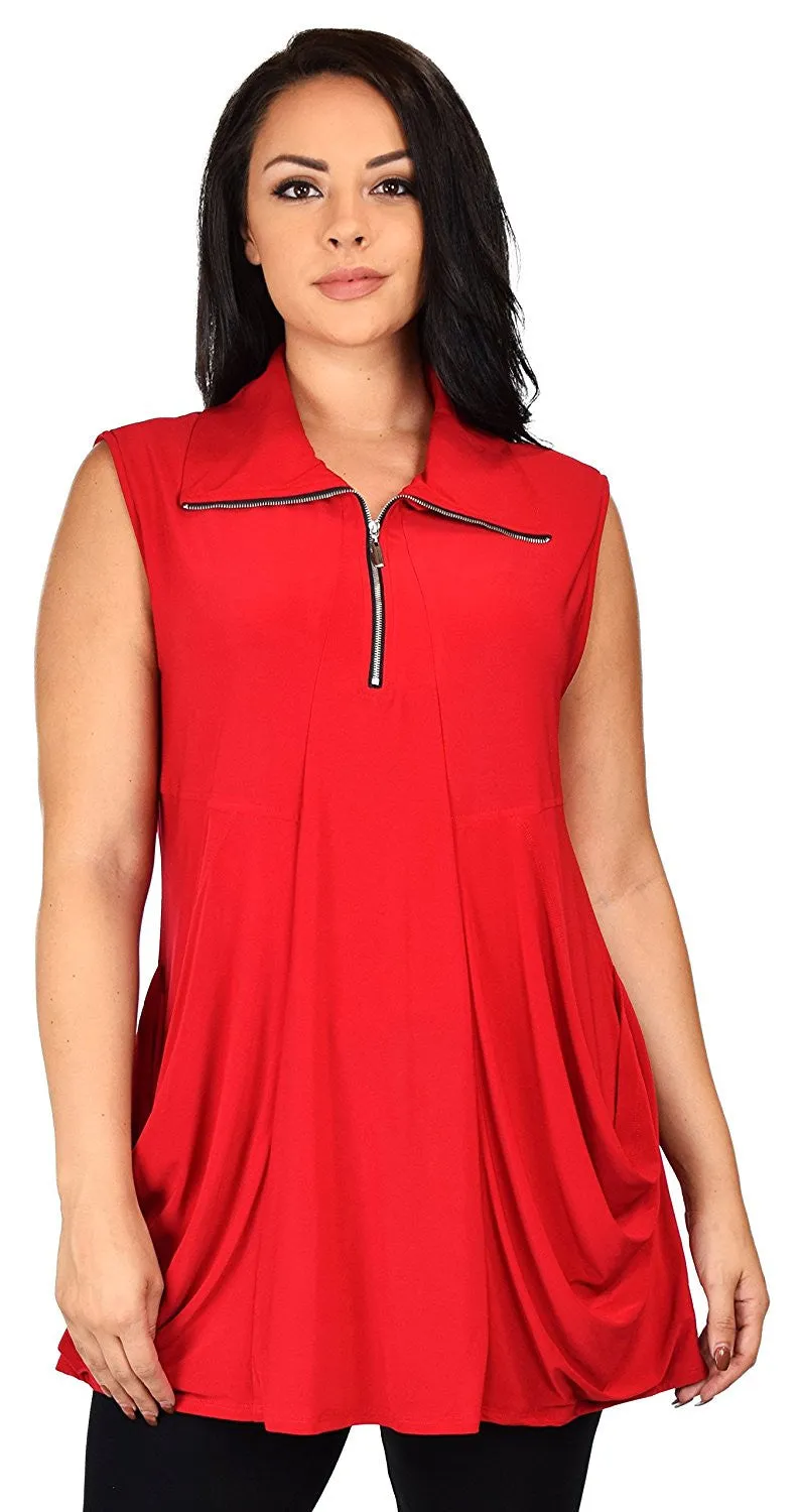 Plus Size Summer Sleeveless Tunic Shirt Top w/ Zipped Collar