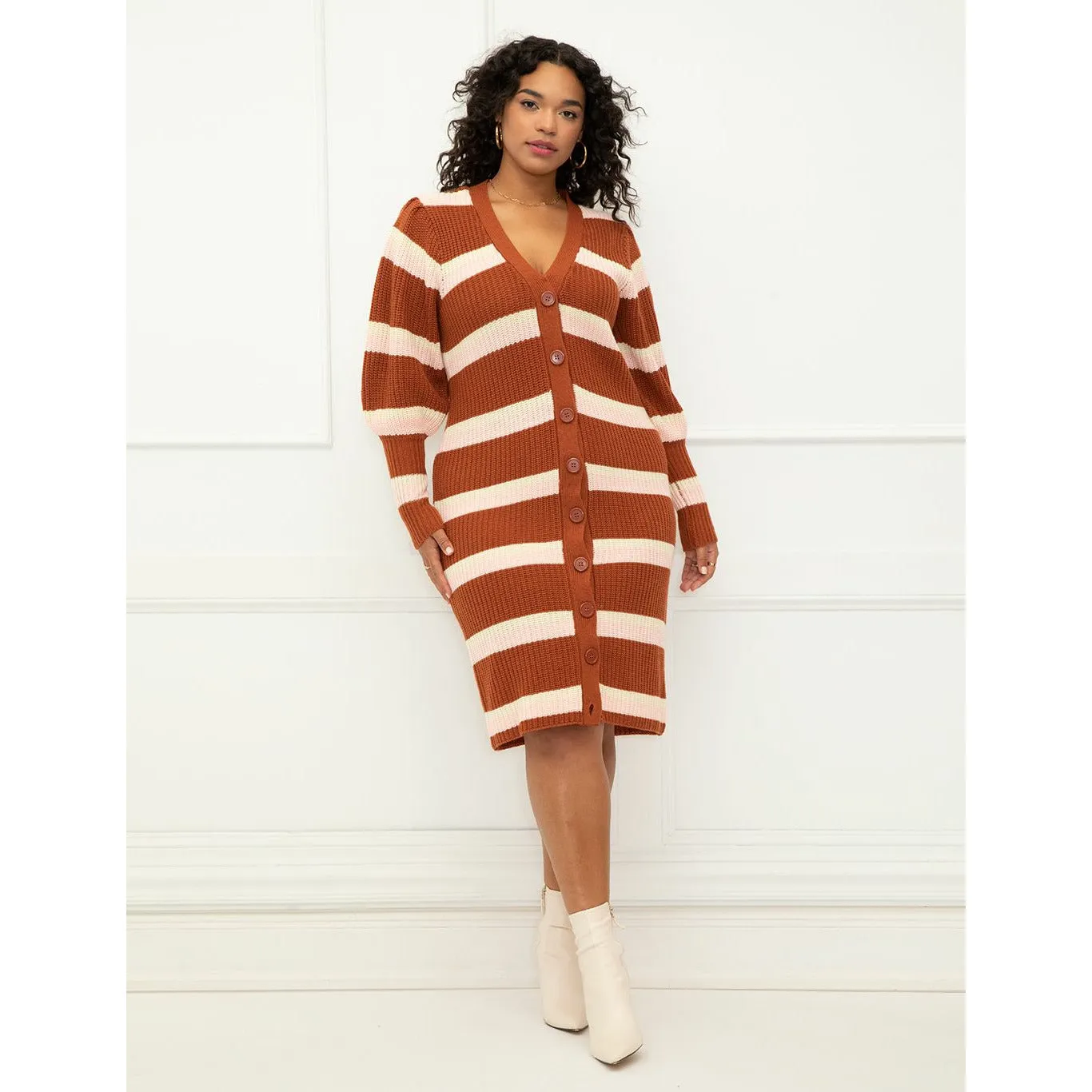 Puff Sleeve Cardigan Sweater Dress