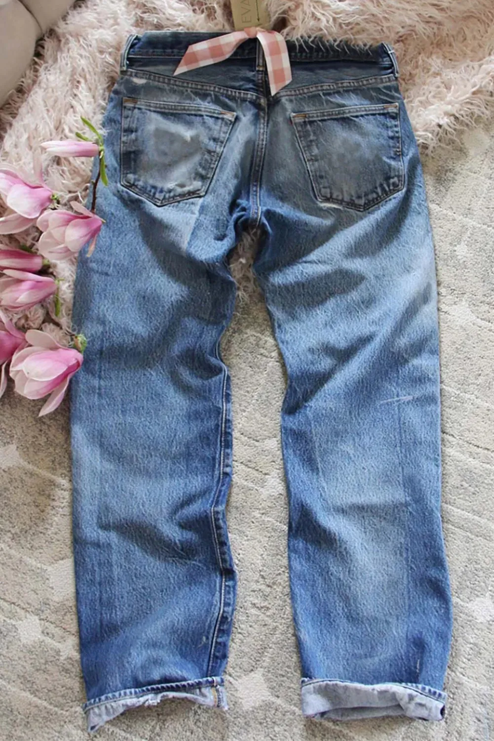 Pumpkin Print Plaid Patchwork Distressed Jeans