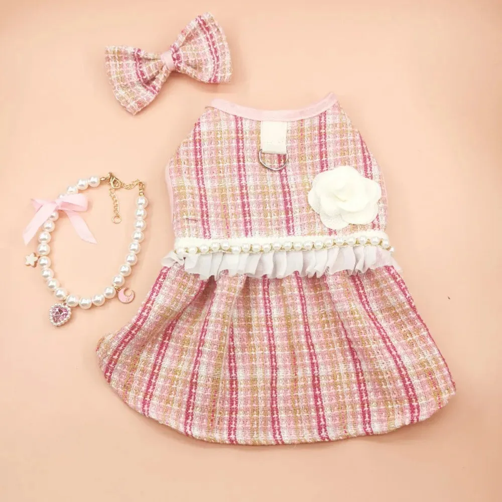Puppy Plaid Wool Dress Pearl Neck Sweater Teddy Bears Medium Small Dog Cardigan Autumn Winter Pet Apparel Dog Clothes