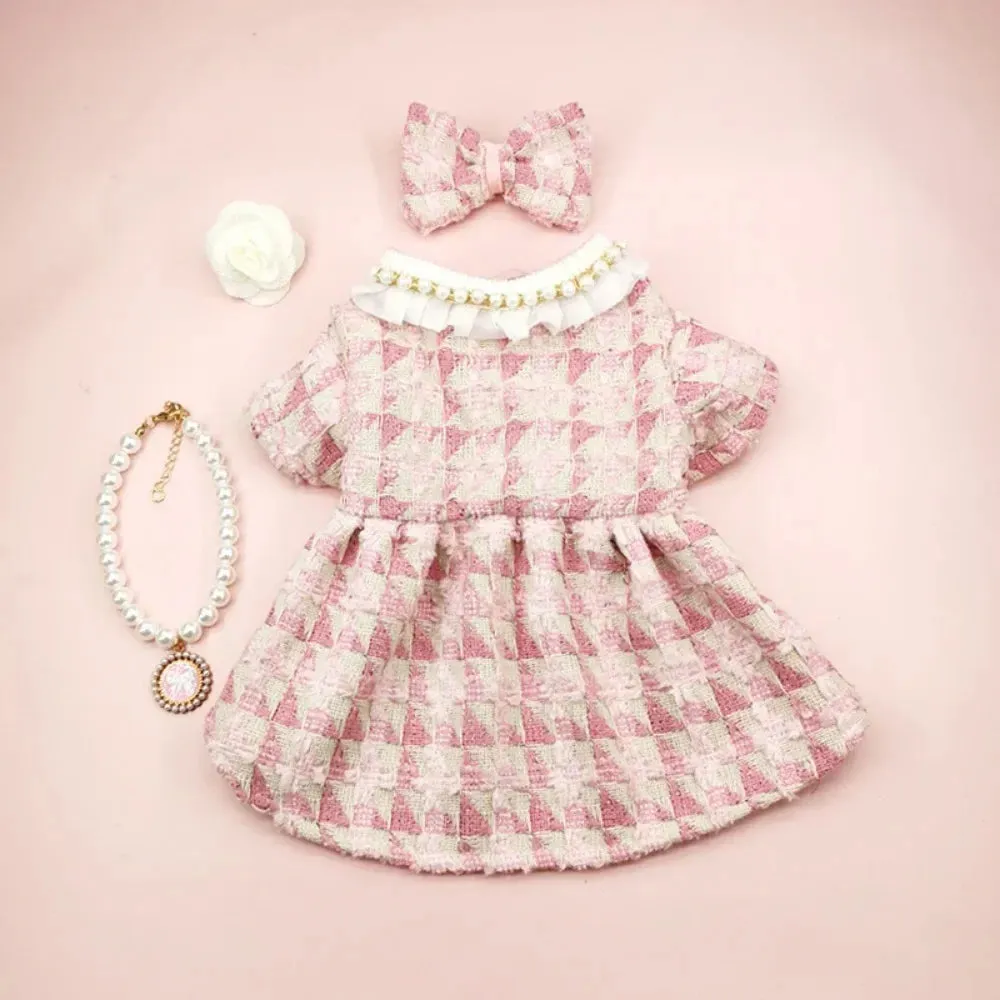 Puppy Plaid Wool Dress Pearl Neck Sweater Teddy Bears Medium Small Dog Cardigan Autumn Winter Pet Apparel Dog Clothes