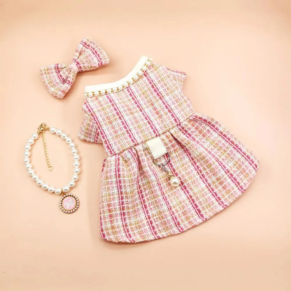 Puppy Plaid Wool Dress Pearl Neck Sweater Teddy Bears Medium Small Dog Cardigan Autumn Winter Pet Apparel Dog Clothes