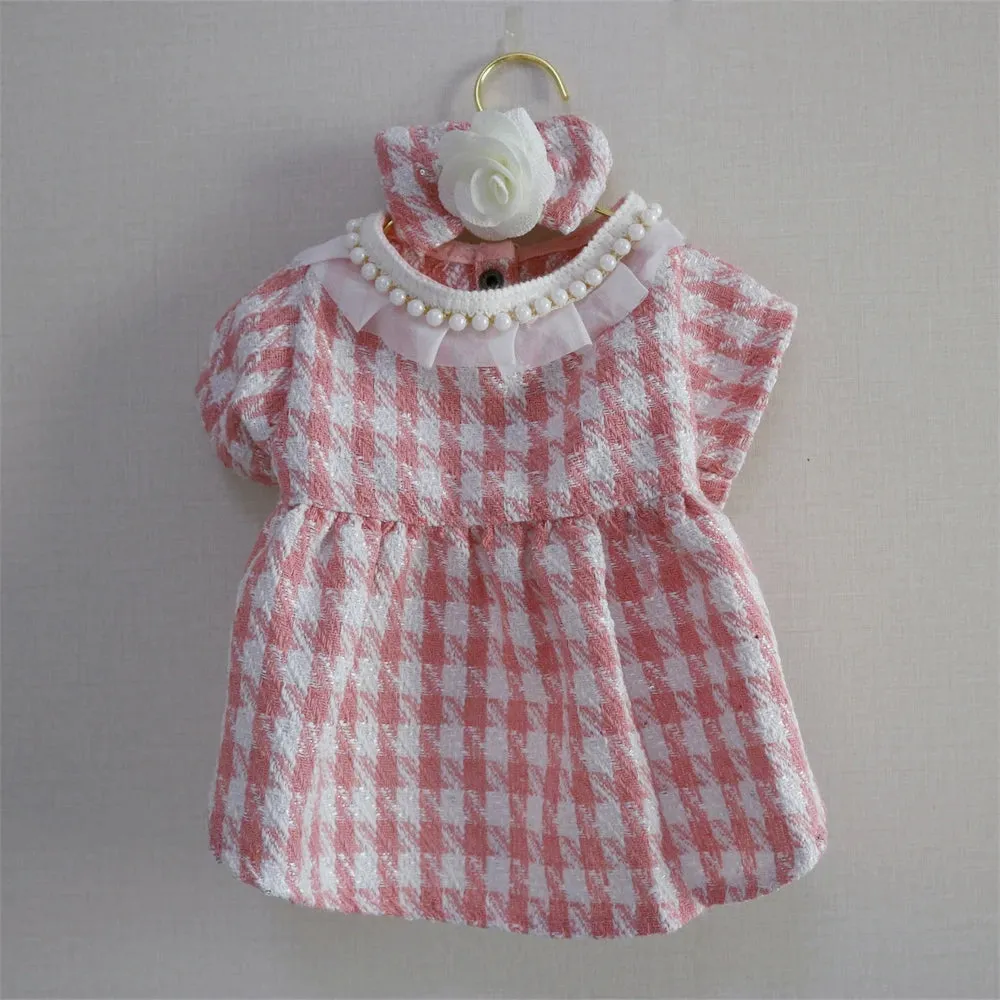 Puppy Plaid Wool Dress Pearl Neck Sweater Teddy Bears Medium Small Dog Cardigan Autumn Winter Pet Apparel Dog Clothes