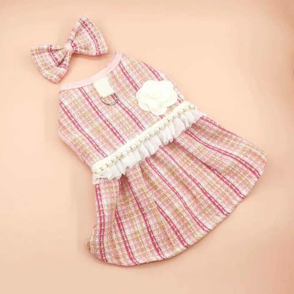 Puppy Plaid Wool Dress Pearl Neck Sweater Teddy Bears Medium Small Dog Cardigan Autumn Winter Pet Apparel Dog Clothes