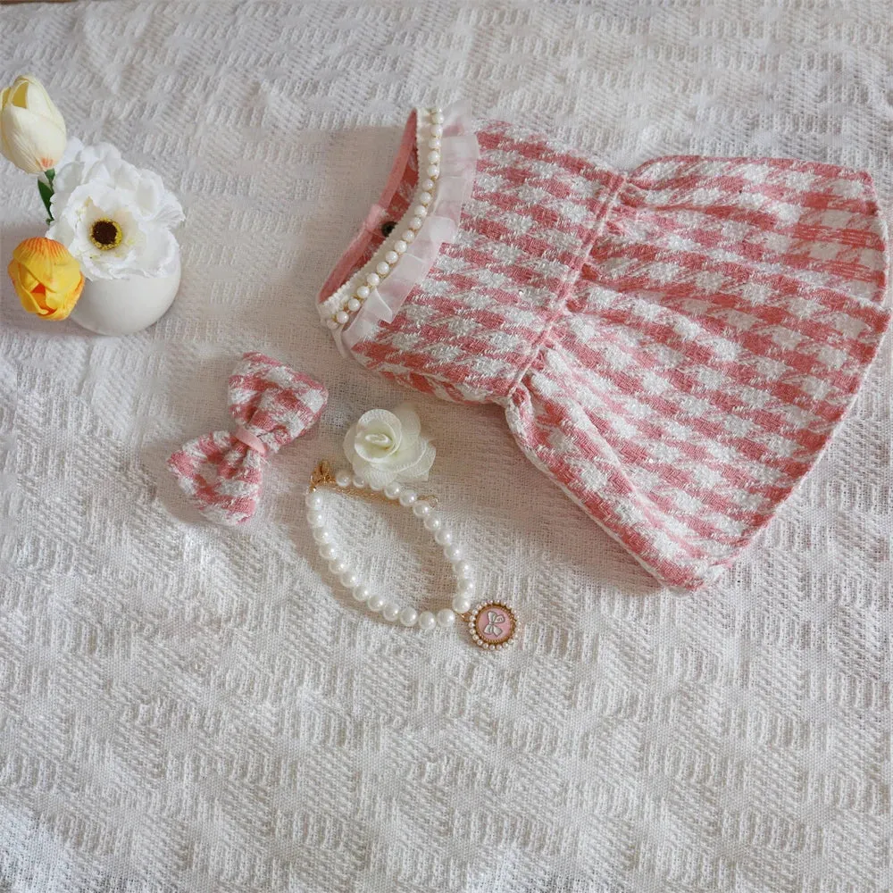 Puppy Plaid Wool Dress Pearl Neck Sweater Teddy Bears Medium Small Dog Cardigan Autumn Winter Pet Apparel Dog Clothes