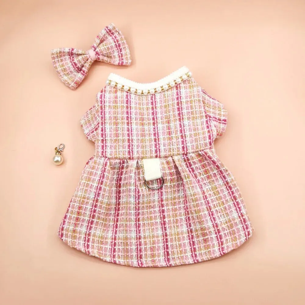 Puppy Plaid Wool Dress Pearl Neck Sweater Teddy Bears Medium Small Dog Cardigan Autumn Winter Pet Apparel Dog Clothes