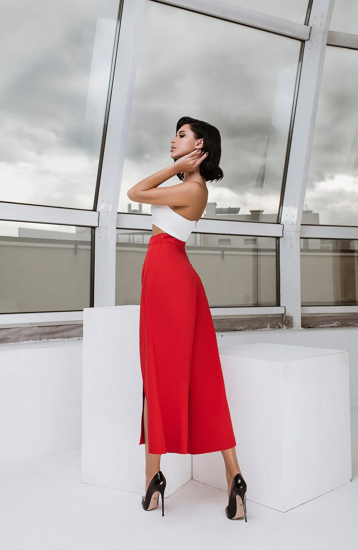 Red High Waist Slit Cuff Сulottes