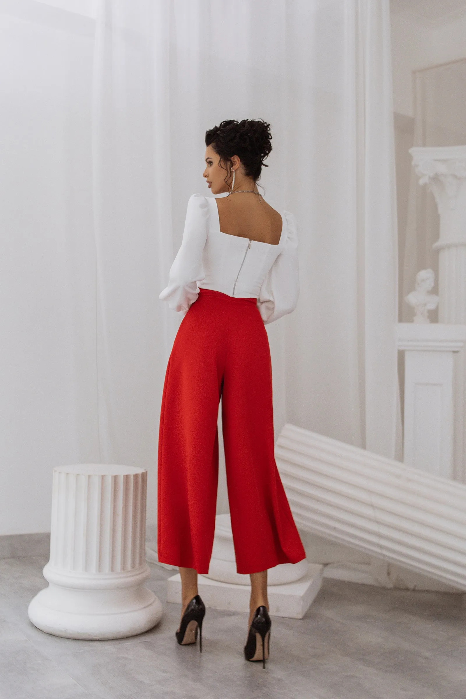 Red High Waist Slit Cuff Сulottes