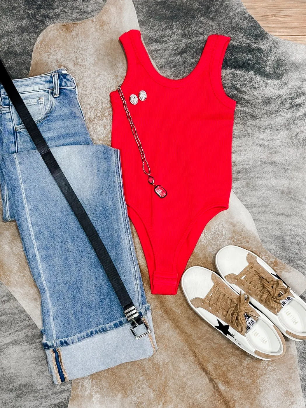 Red Thick Banded Ribbed Scoop Neck Tank Top Bodysuit