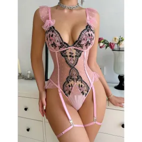 Sexy Women's Lingerie Set, Ruffle Trim Lace Strap Babydoll Bodysuit with Garter Belts