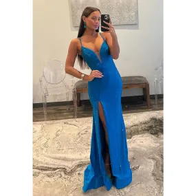 Sheath V-neck Straps Beaded Blue Long Prom Dress with Slit Evening Gowns