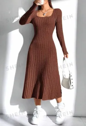 Shein Women's Solid Color Ribbed Knit Sweater Dress  