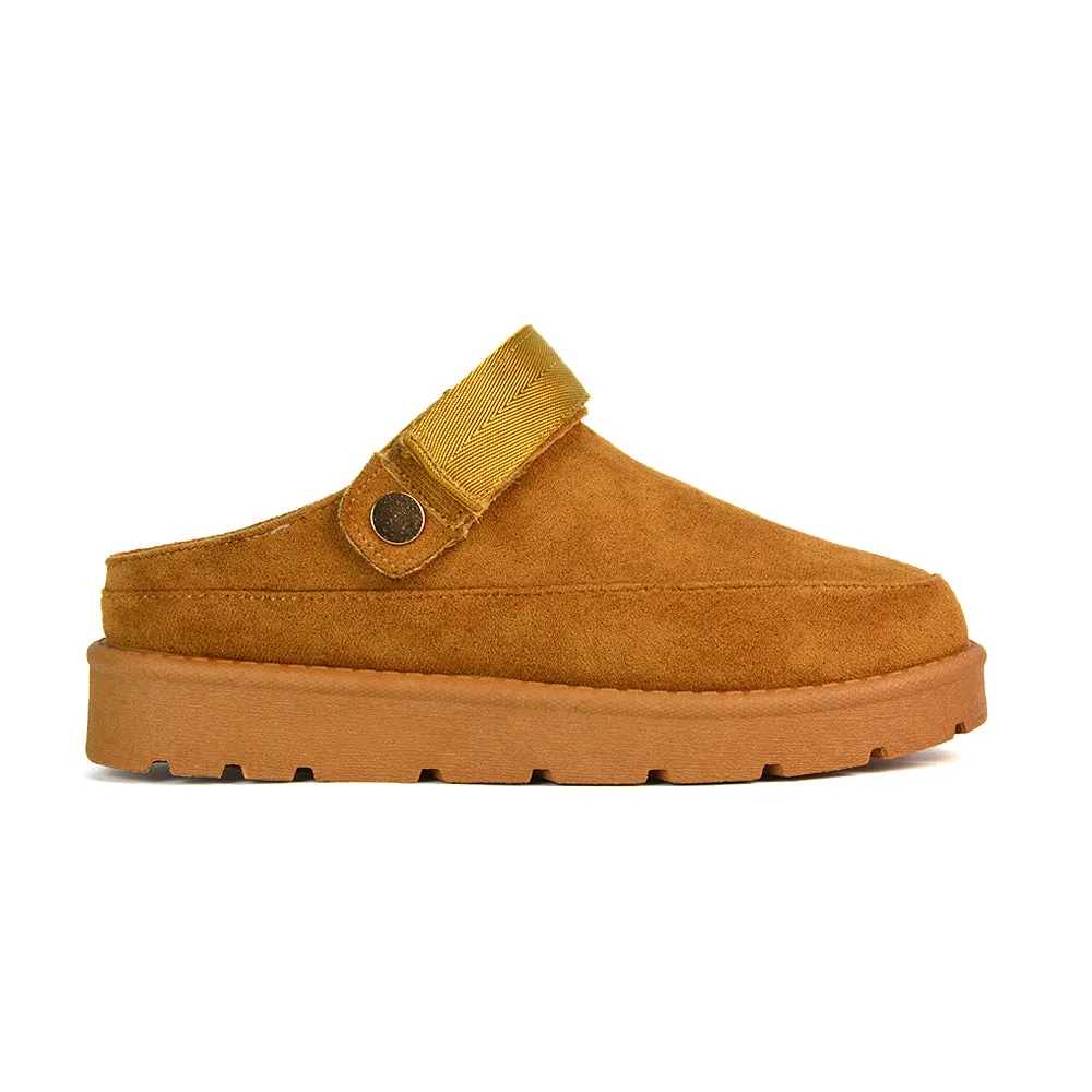 Sienna Closed Toe Clogs Strap Slingback Faux Fur Lined Comfy Slippers in Chestnut