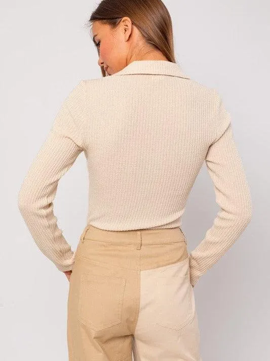 Simple Collared Rib Knit Bodysuit
