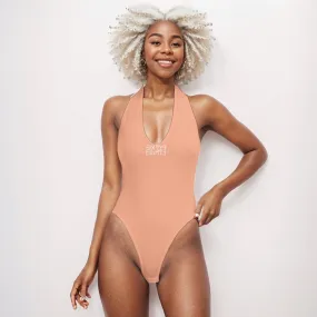 Sixty Eight 93 Logo White Peach Women's Backless V-Neck Skinny Bodysuit
