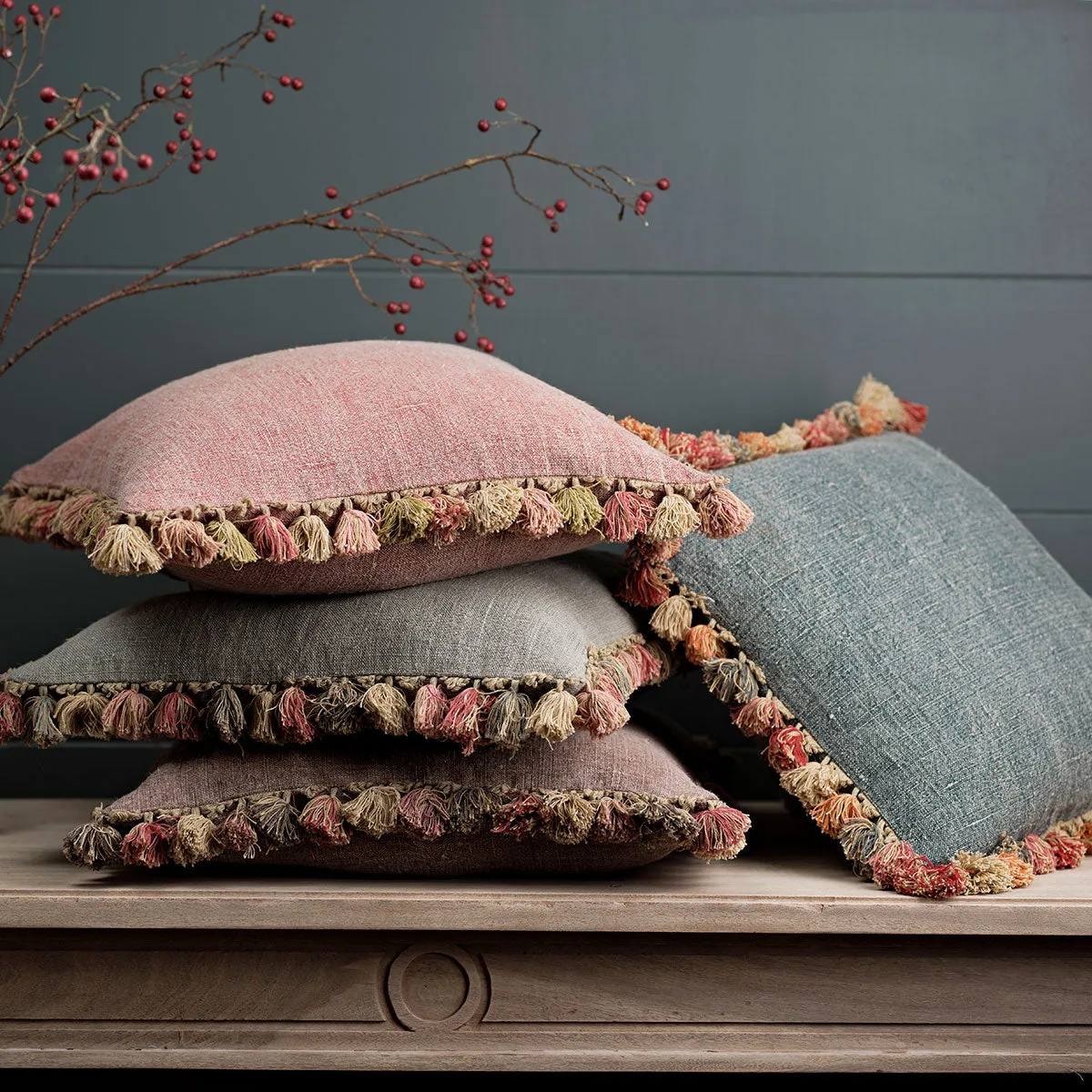 Smokey Blue Rustic Linen Cushion With Tassels