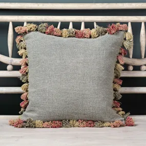 Smokey Blue Rustic Linen Cushion With Tassels