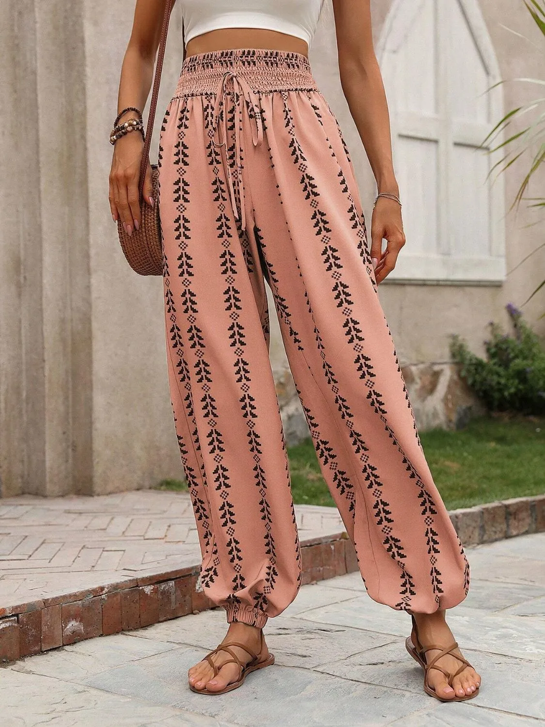 Tied Printed High Waist Bohemian Pants