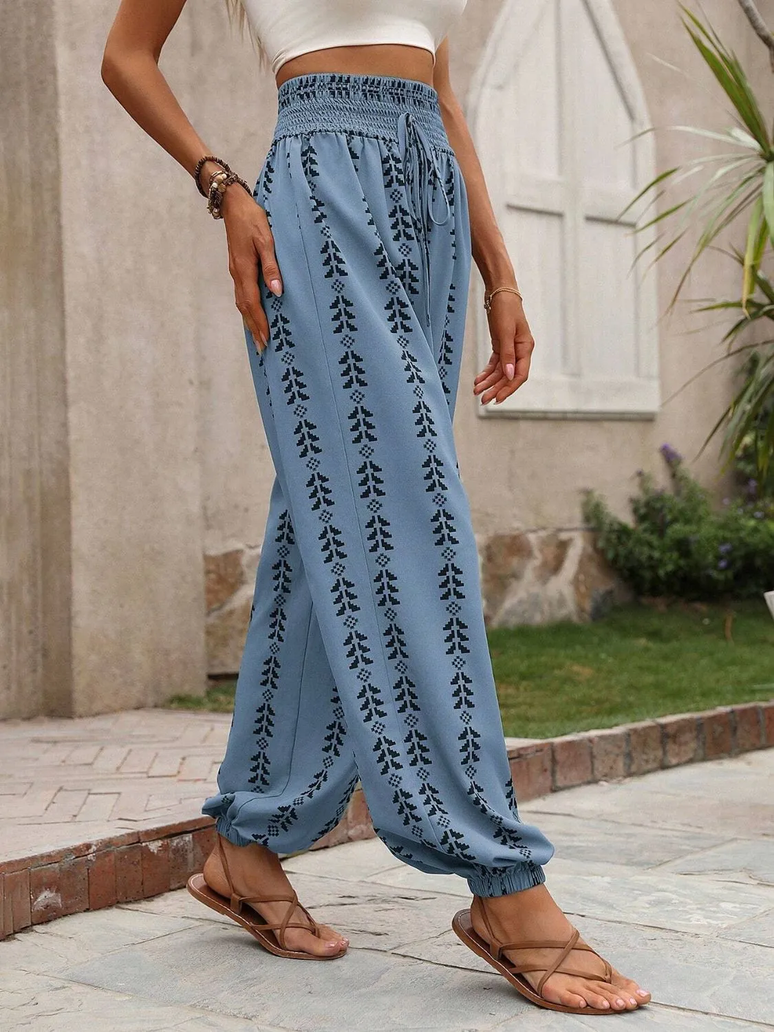 Tied Printed High Waist Bohemian Pants