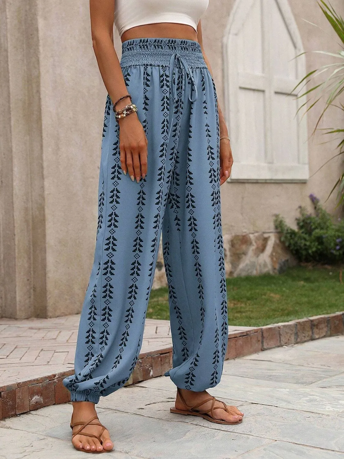 Tied Printed High Waist Bohemian Pants
