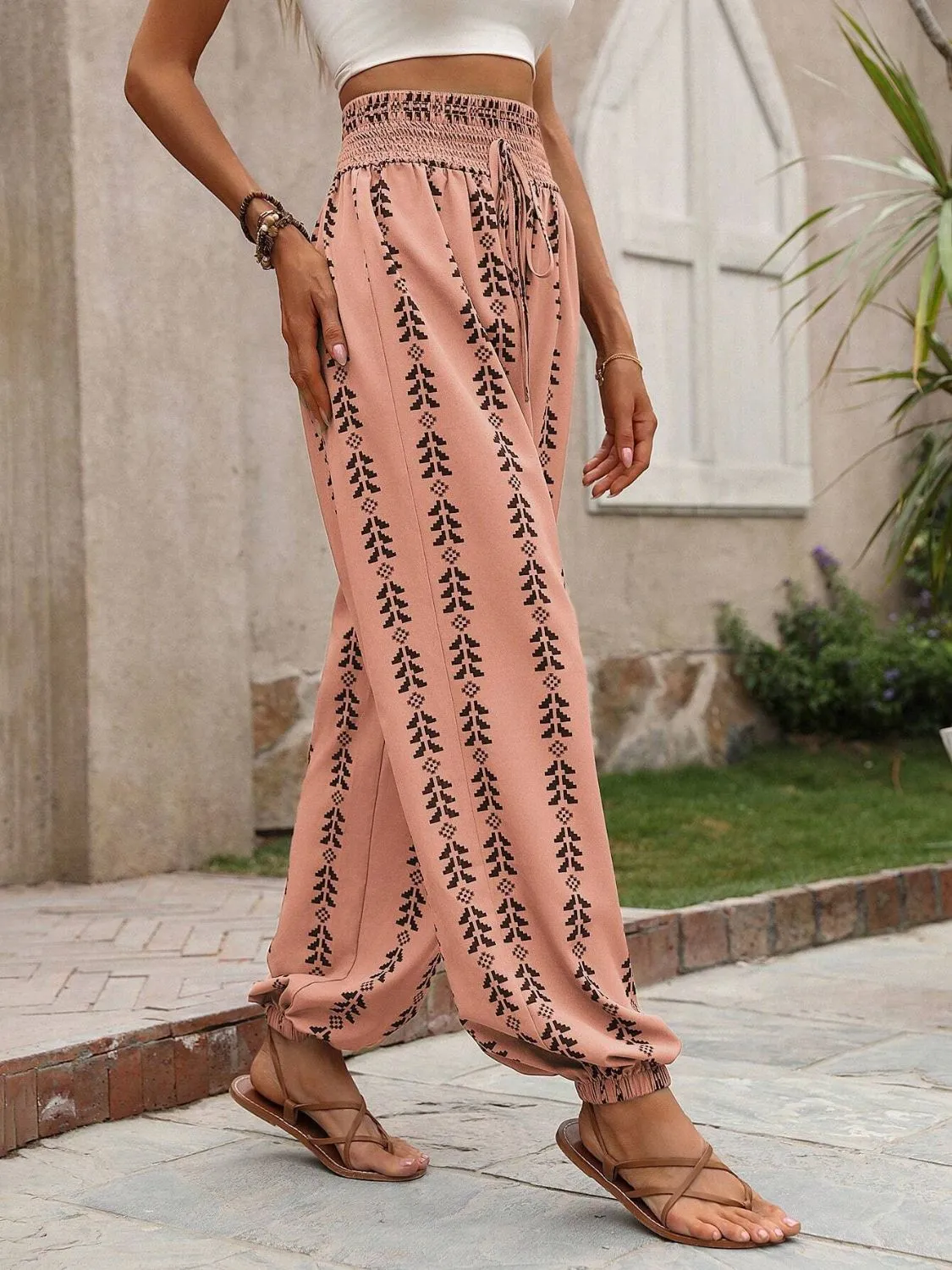 Tied Printed High Waist Bohemian Pants
