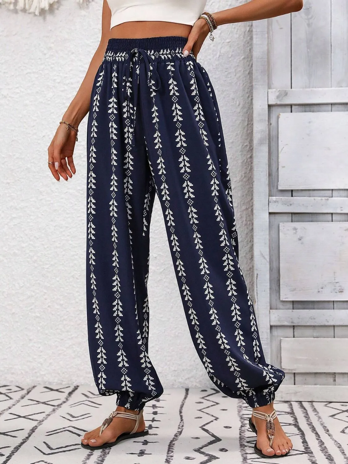 Tied Printed High Waist Bohemian Pants