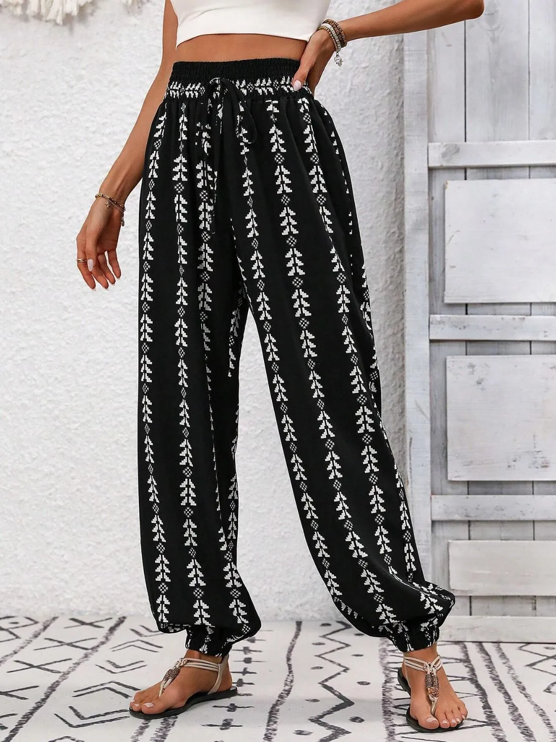 Tied Printed High Waist Bohemian Pants