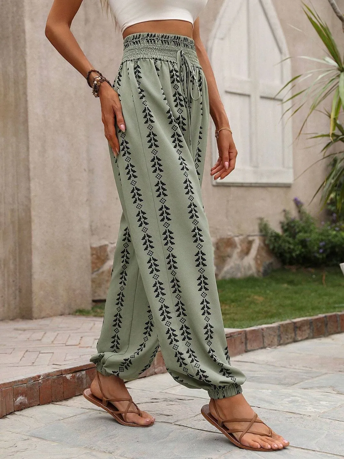 Tied Printed High Waist Bohemian Pants