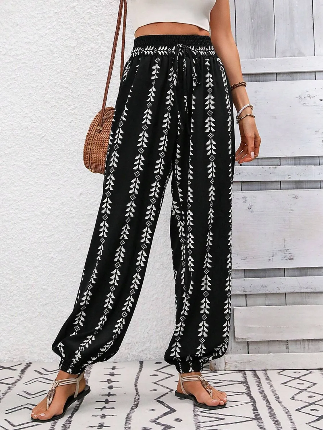 Tied Printed High Waist Bohemian Pants