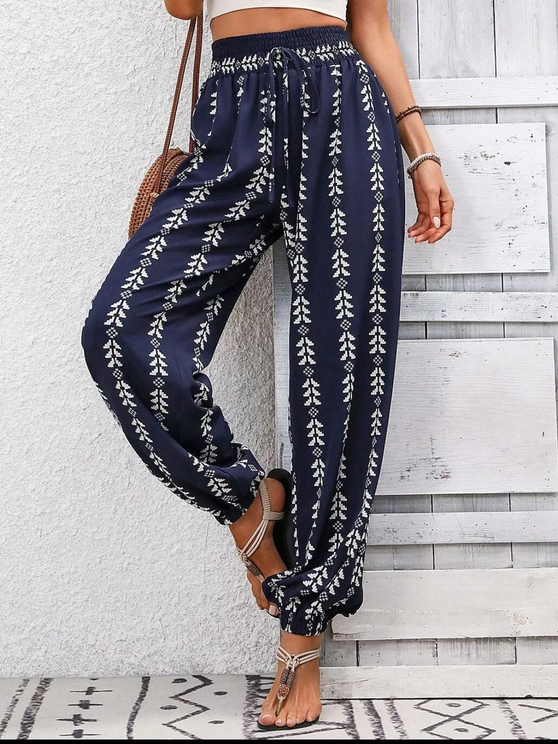 Tied Printed High Waist Bohemian Pants