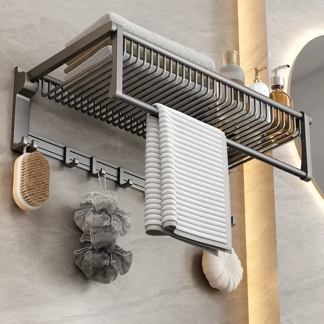 Towel Rack for Bathroom Towel Storage Wall Mounted Foldable Towel Shelf with Towel Bar Hooks No Assembly Required 24-Inch