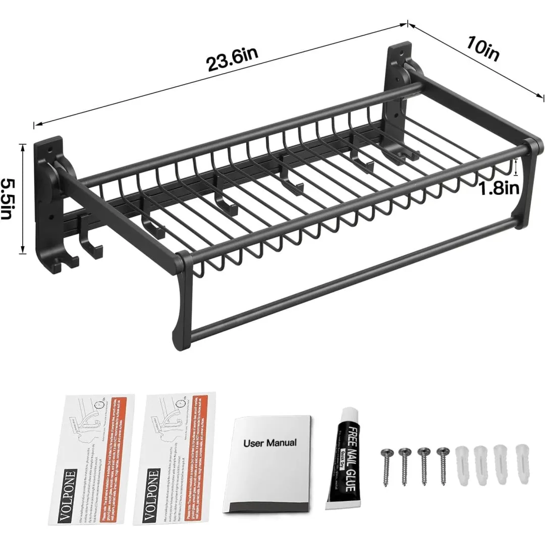 Towel Rack for Bathroom Towel Storage Wall Mounted Foldable Towel Shelf with Towel Bar Hooks No Assembly Required 24-Inch