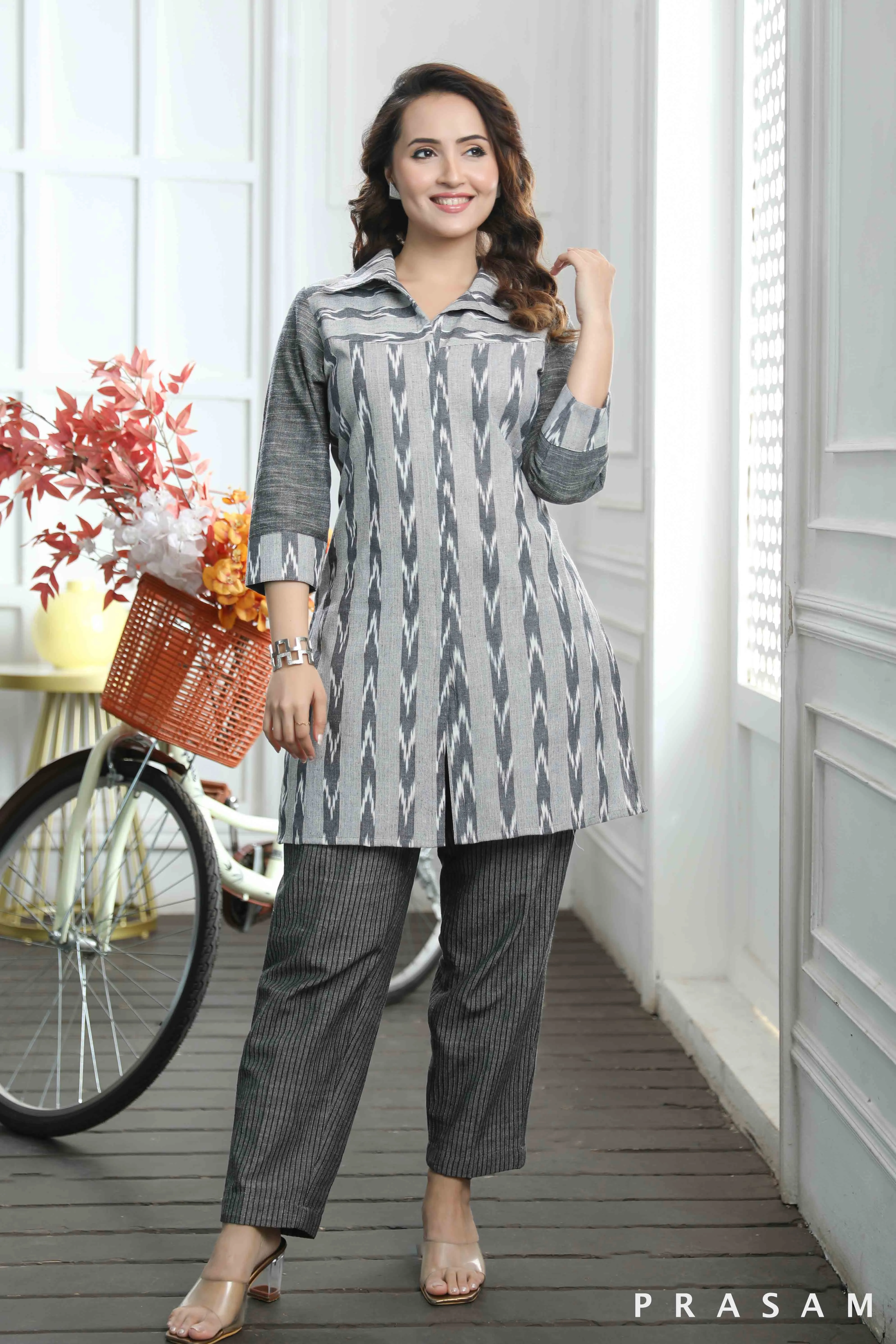 Tranquil Threads Tunic- Smart Grey Handloom Ikat With Handloom Cotton Sleeves Tunic (Optional Pants)