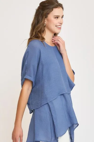 Umgee Full Size Cuffed Half Sleeve Layered Top